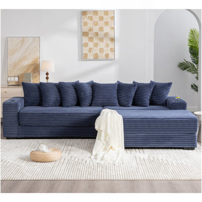Canapé modulaire en L 110,75 po, canapé modulaire en velours côtelé, avec porte-gobelet mobile, porte-gobelets, 8 coussins décoratifs, poche latérale, déplier en lit, bleu