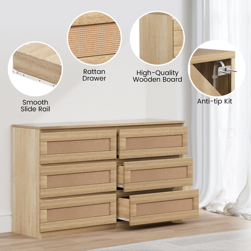Commode 6 tiroirs pour commode double en bois et commode en rotin pour chambre à coucher, Brun