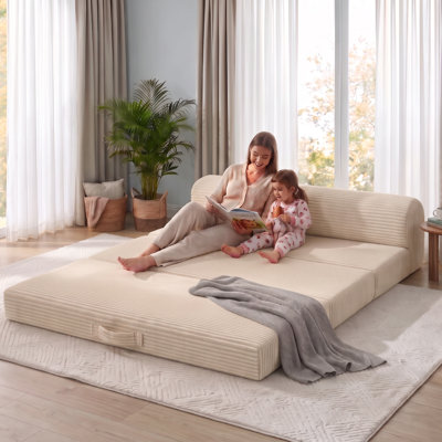 Canapé-lit futon double convertible pleine grandeur, canapé-lit beige avec poignée, coussins amovibles et housse lavable pour les petits espaces