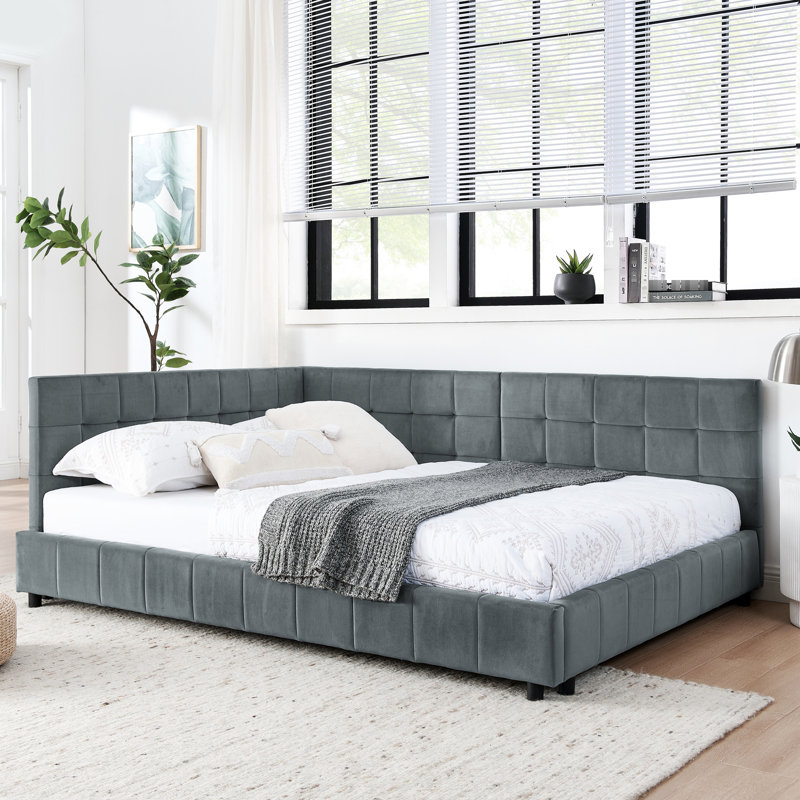 Structure de lit double en velours gris avec accoudoirs et pour le salon de la chambre à coucher, rembourrage doux