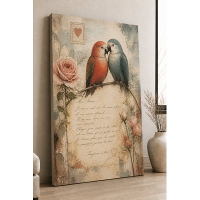 Large Romantic Birds on Letter Canvas Wall Art Vintage Love Parrot Painting Floral Artwork for Bedroom Living Room Anniversary Decor 24x36 Inch Canvas Print - Ready to hang