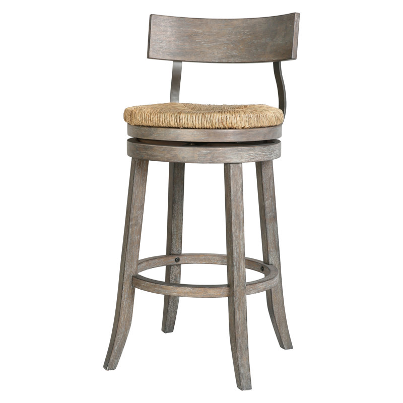 Tabouret de bar 31 po avec siège en ruppie naturelle, cadre gris récupéré, retour automatique à 180 degrés et supports en acier noir pour sièges supplémentaires en vin avec supports automatiques en bois, patins en plastique