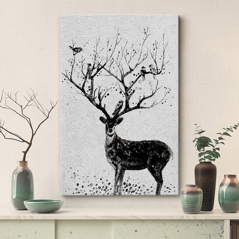 Animaux, cerf noir et blanc avec oiseaux sur bois, Toile tendue, H 48 po x l 32 po
