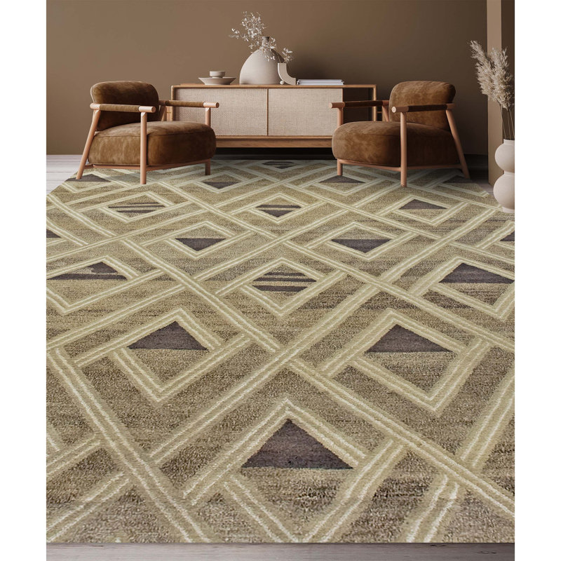 Tapis rectangulaire en lin noué à la main ivoire / brun / beige, Rectangle 6 pi x 9 pi