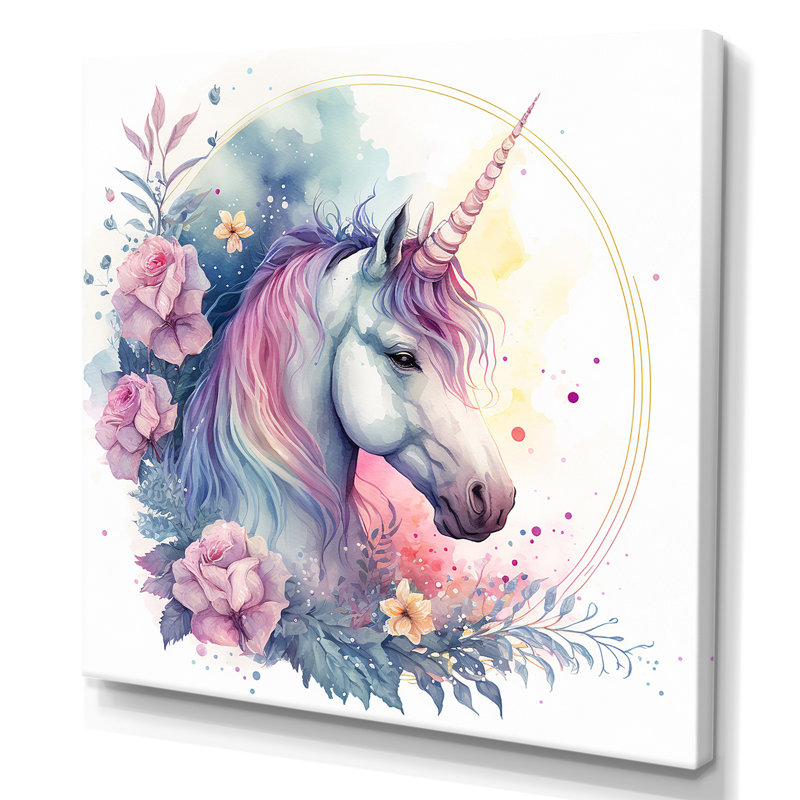 Adorable licorne pastel entourée de fleurs III - cheval, art mural, H 16 po x l 16 po x P 1 po, Toile tendue