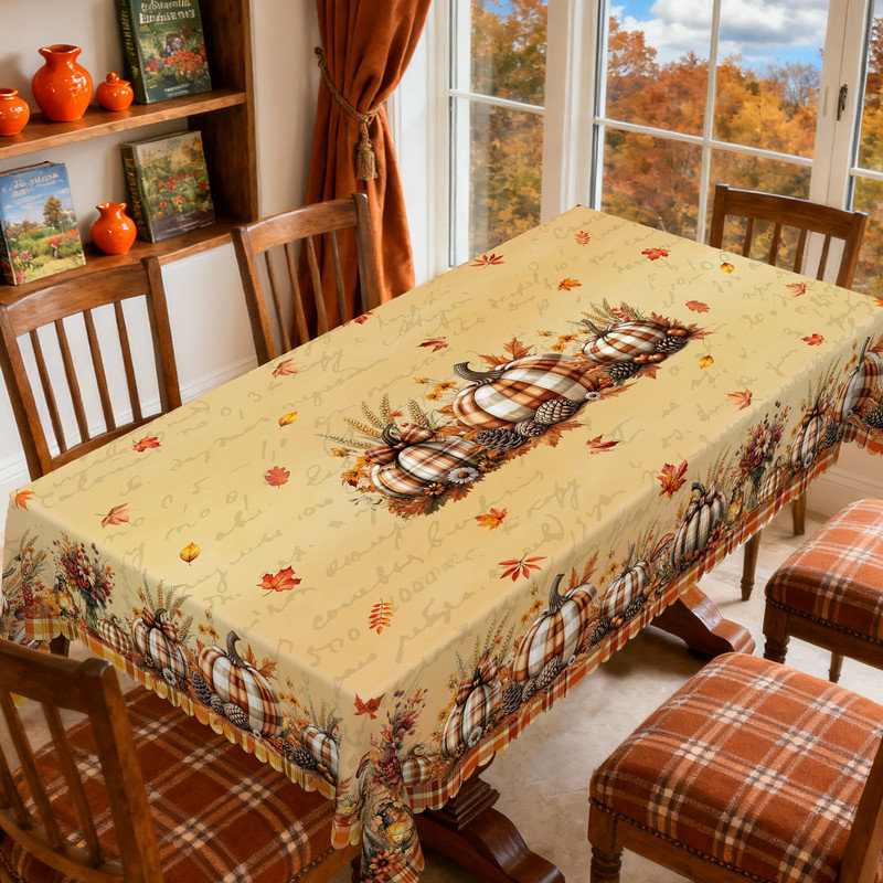 Machine-washable yellow tablecloth with maple leaf and pumpkin patterns for a warm, cozy atmosphere, 70.8" L x 55.12" W