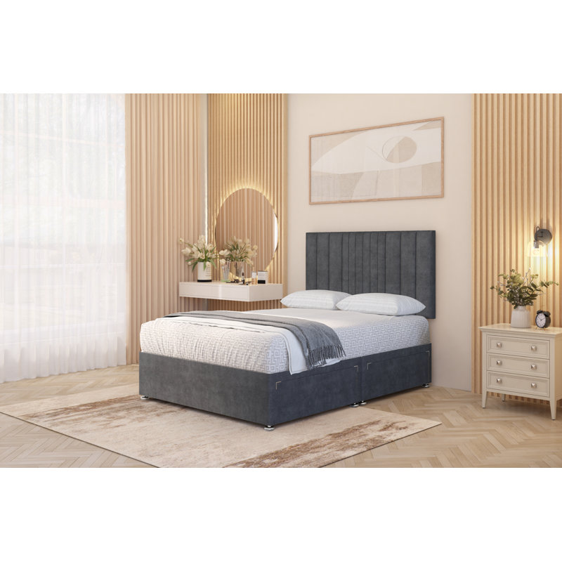 Alyssa Velvet Divan Bed Set Sprung Memory Foam Mattress & Headboard with Drawers, Silver, Kingsize (5'), 2 Draw