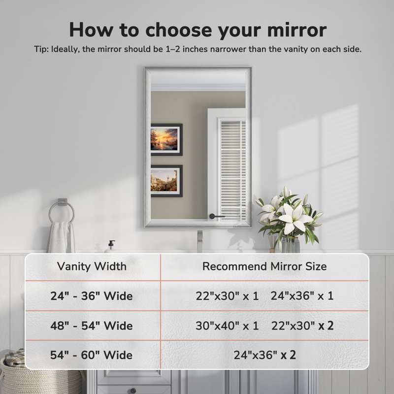 Miroir de salle de bain 24 po x 36 po avec cadre en nickel brossé et miroir de meuble-lavabo mural en verre trempé HD