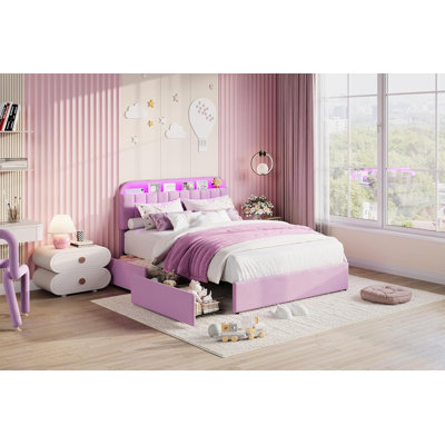 Purple Full Velvet Platform Bed Frame, 2 Drawers, LED Lights, Easy Assembly