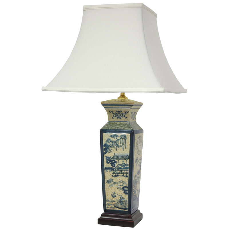 26" Blue and Beige Porcelain Table Lamp with Ivory Shade