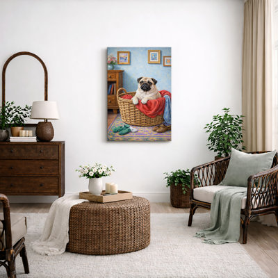 Cozy Pug, panier à linge, scène de maison