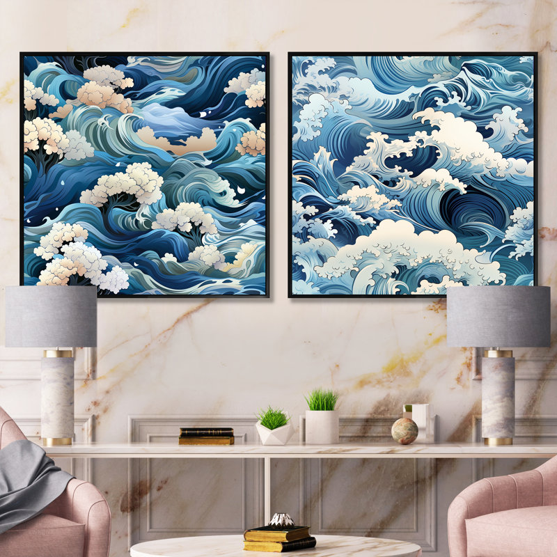 Ensemble de 2 écussons blancs et bleus du Japon - ensemble de collage carré de plage et nautique, Cadre flottant noir