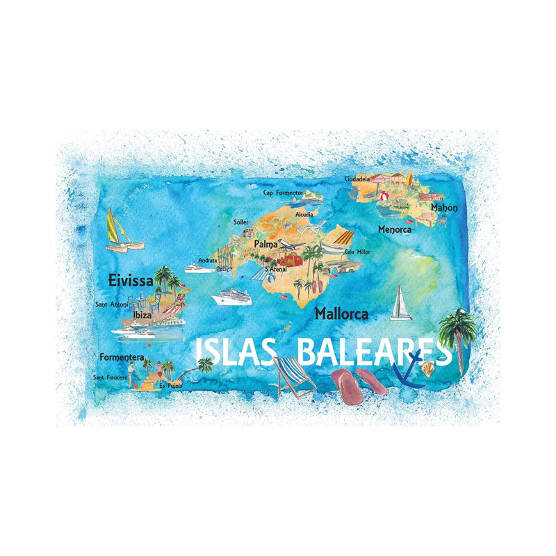 Balearic Islands Illustrated Travel Map With Majorca Ibiza Menorca Landmarks And Highlights by Markus & Martina Bleichner - Wrapped Canvas Gallery-Wrapped Canvas Giclée
