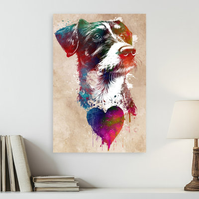 Watercolor Dog Heart Modern Romantic Contemporary Dog Animal Nature Wall Art Print 1 Piece Wrapped Canvas Wall Art