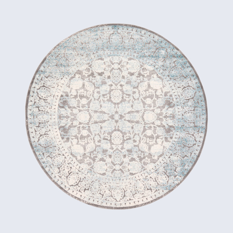 Teadora Oriental Gray/Blue/Ivory Area Rug, Round 8'