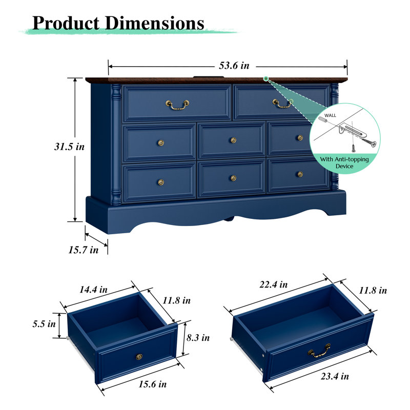 Commode 8 tiroirs, commode de ferme de 54 po de largeur avec station de charge, Bleu