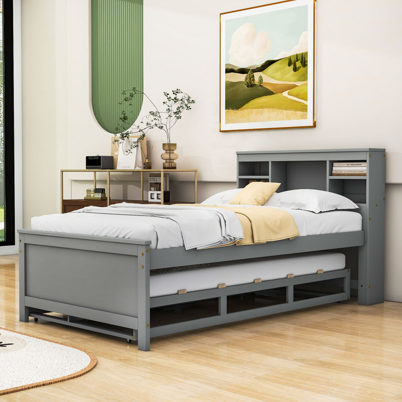 Willavene Platform Bed with Storage Headboard, USB, Twin Size Trundle and 3 Drawers, Grey, Twin