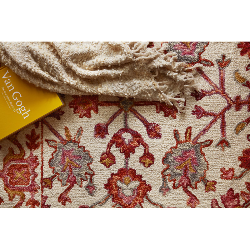 Tapis rose / orange en laine crocheté à la main Leyna, Tapis de couloir 2 pi 6 po x 7 pi 6 po