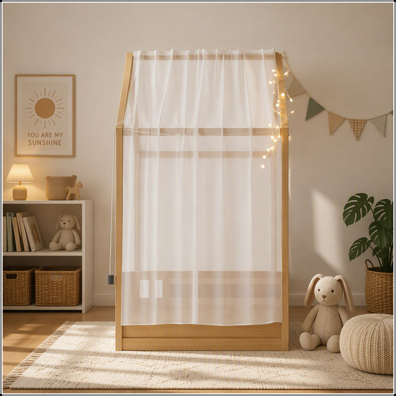 Lit Montessori double au sol avec baldaquin et barrières de sécurité, Naturel