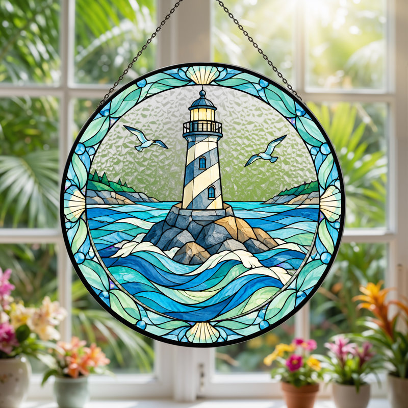 Art mural sur toile avec phare bleu sur des rochers avec des mouettes, H 12 po