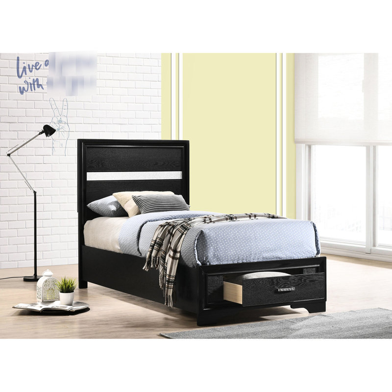 Lit simple à panneau noir avec tiroirs intégrés et garniture en cristal, plateforme à lattes, bois franc asiatique, longs tiroirs en stratifié de 78,52 pouces, garniture à paillettes sur poignées, bois massif
