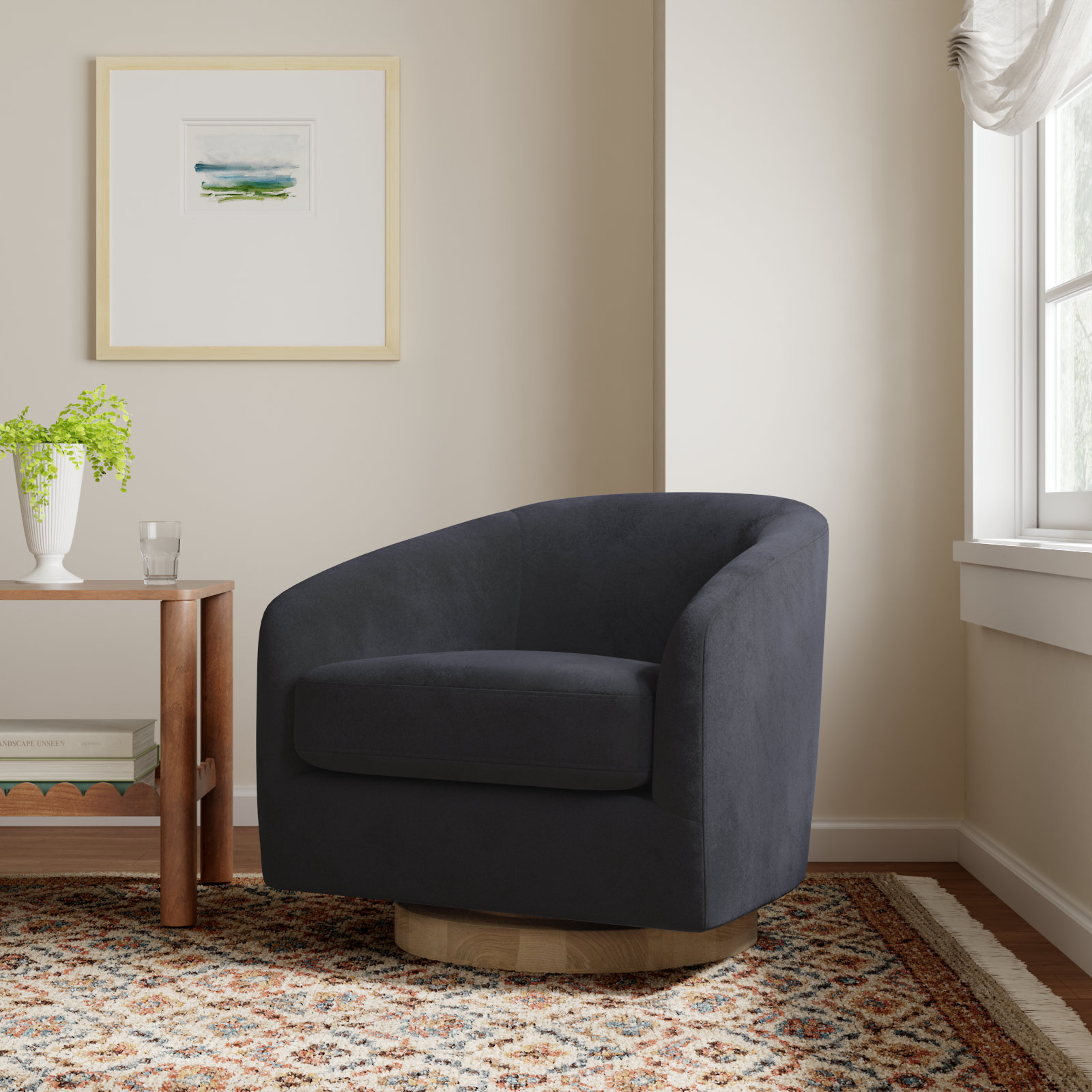Bennett Linen Swivel Barrel Chair, Bella Asphalt Performance Velvet