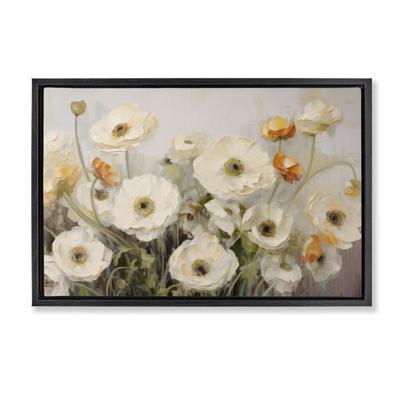 «White Ranunculus Blooms», toile flottante encadrée par Petals Prints Design, Cadre flottant noir de jais, H 21 po x l 31 po