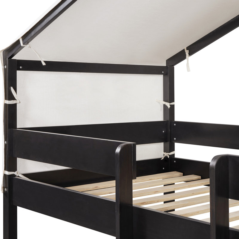 Lit simple au-dessus d'un lit superposé avec tente, bois massif, thème de maison de jeu amusant, tente de rangement en bois supplémentaire et ajout de chambre sécuritaire et ludique pour la décoration intérieure