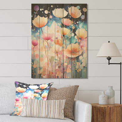 Rose et bleu, charmantes prairies printanières - botaniques sur bois