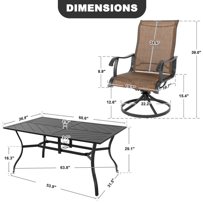 Sushpal 7-Piece Patio Iron Dining Set with PVC-coated polyester Swivel Chairs