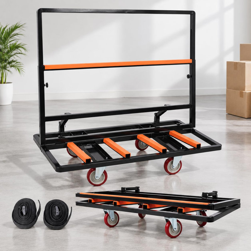 Chariot à panneaux en acier, capacité de charge de 907 kg (2000 lb), avec poignée réglable, roulettes pivotantes de 12,7 cm (5 po) et sangle d'arrimage pour la manutention de contreplaqué, de plaques de plâtre et de verre.