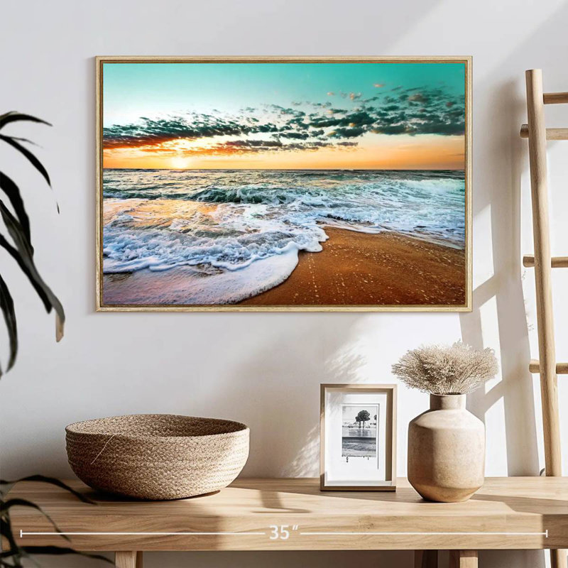 Plage rétro de Cancun, 25 po x 17 po, Cadre flottant en bois naturel