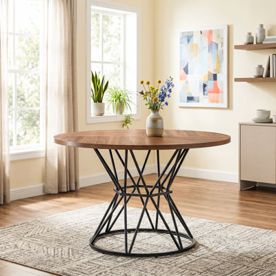 47.3 Inch Round Industrial Dining Table, Walnut Grain MDF Top with Hourglass Metal Frame, Seating for 4-6 People, Black & Walnut Accent Kitchen Table