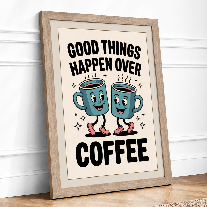 Good Things Over Coffee Typography - Framed Print, A2 - 59.4 x 42.0 cm, Oak