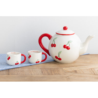 Dolomite Cherry Teapot with Lid, Tea Pot, White, Ceramic, Table, Kitchen, Spring, Tabletop