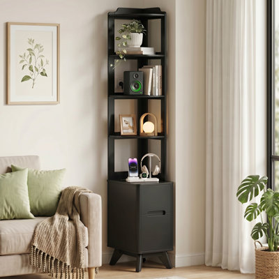 70" Tall Nightstand with Charger Station, 2 Drawers Bedside Table with Bookshelf for Bedroom