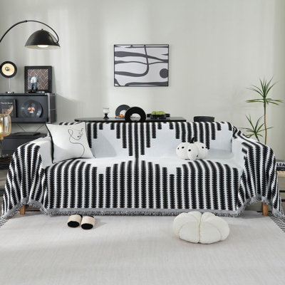  Reversible Chenille Sofa Cover, Geometric Jacquard Pattern Sofa Slipcover with Tassel, Washable Couch Cover Modern Furniture Protector Pet-Friendly, 71"X71" Black