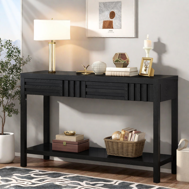 Modern Console Table With Striped Design, 2 Drawers And 2-tier Design, Black