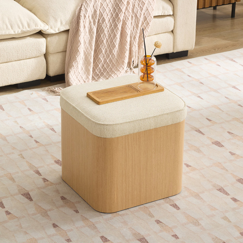 Square Linen Upholstered Storage Ottoman Pouf for Extra Seating & Storage, Natural