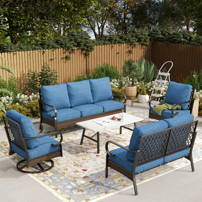 7-Person Patio Conversation Set With Loveseat & Swivel Lounge Chairs, Peacock Blue