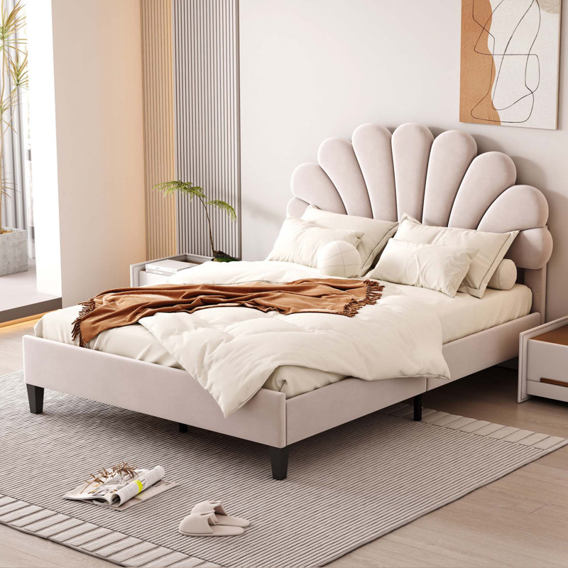 Lit plateforme tapissier avec tête de lit en velours à motif floral, Beige, Double