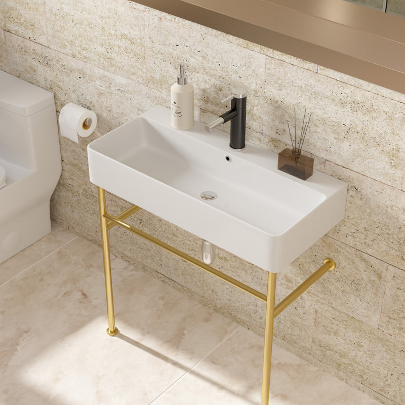 Lavabo de console de salle de bain 31,5 "avec trop-plein, console en céramique cuve blanche avec pieds dorés