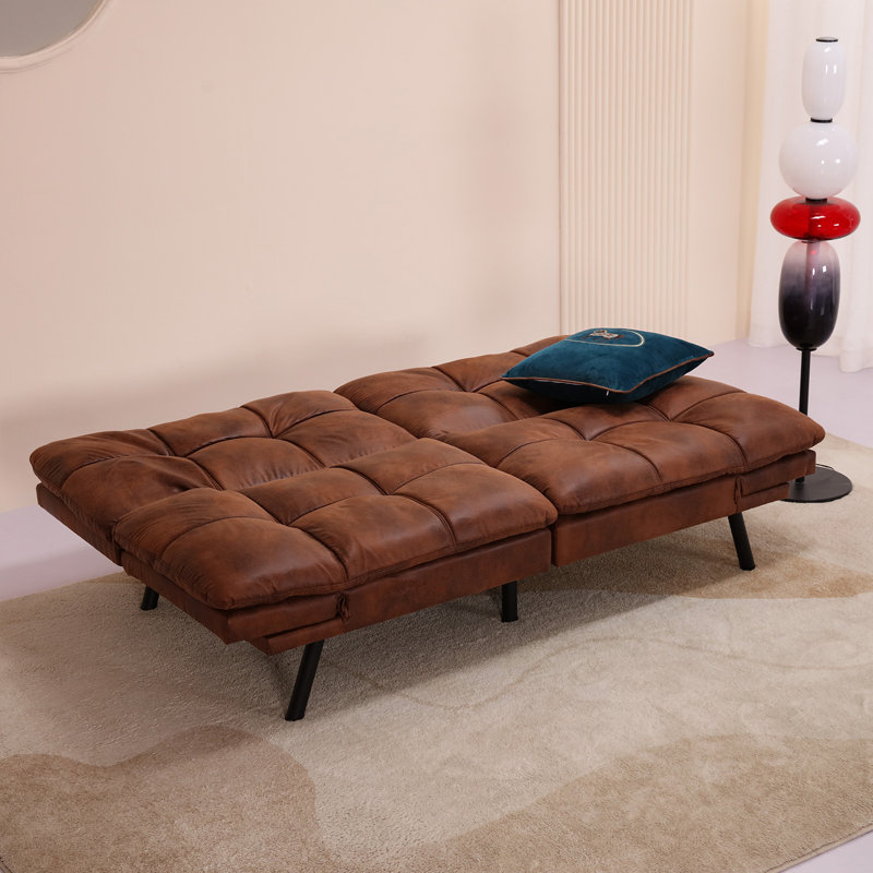 71" Mid Century Modern Leather Convertible Futon Twin Size With Adjustable Arms, Brown 