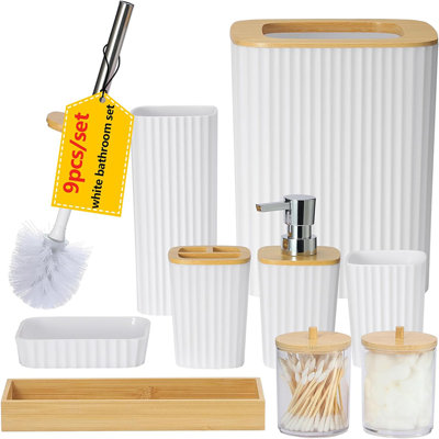 Ensemble d'accessoires de salle de bain, ensemble de 9 accessoires de salle de bain blanc avec poubelle, porte-brosse à dents, distributeur de savon, brosse à dents, plateau de coiffeuse, porte-savon, brosse à toilette, porte-coton
