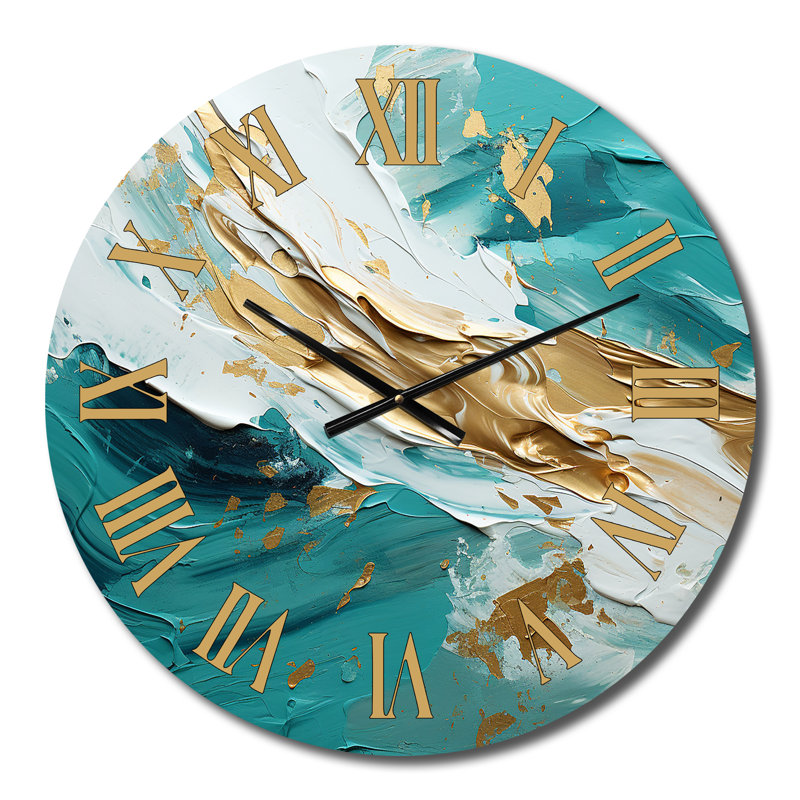 Golden Morning Glory, peinture or sur sarcelle - horloge murale moderne Mid-Century, Moyenne