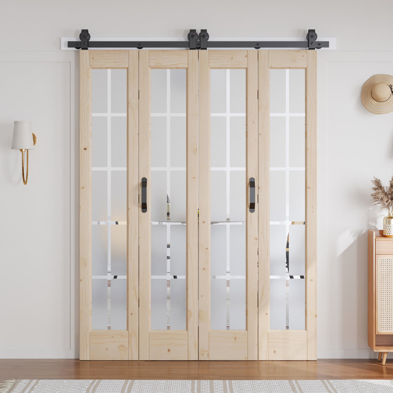 Porte de grange pliante en bois massif en verre givré sans finition avec trousse de quincaillerie d'installation