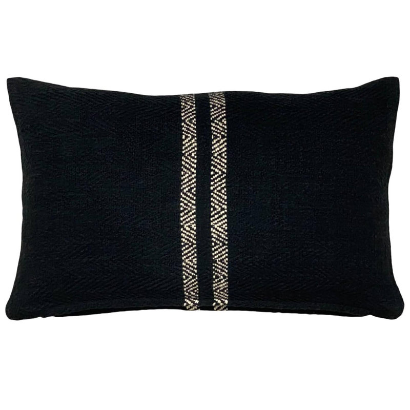 PILLOWPIA Hugh Cotton Lumbar Pillow Cover with Chevron Pattern and Brass Zipper Accent, Black
