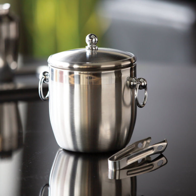 Double-Wall Brushed Stainless Steel Ice Bucket with Ring Handles
