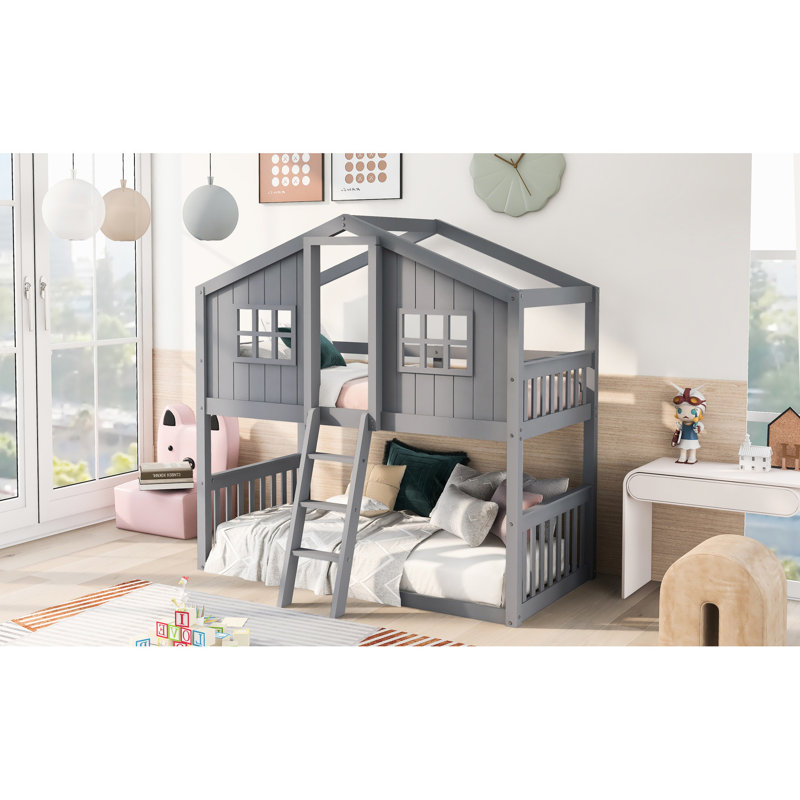 Lit superposé à échelle en gris - lit simple en bois massif pour la taille de la pièce avec bois, choix pratique pour la chambre à coucher