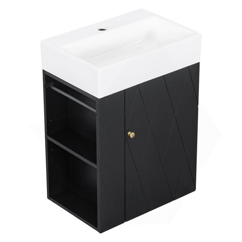 Meuble-lavabo de 20 po avec lavabo en céramique, porte à motif de losanges, poignées dorées et tablettes de rangement latérales - petit cabinet moderne avec barre à serviettes, fabrication en panneau de fibres à densité moyenne, assemblage requis